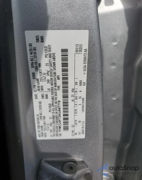 2019 Ford Escape S z USA, uszkodzony, nr VIN 1FMCU0F72KUA87719